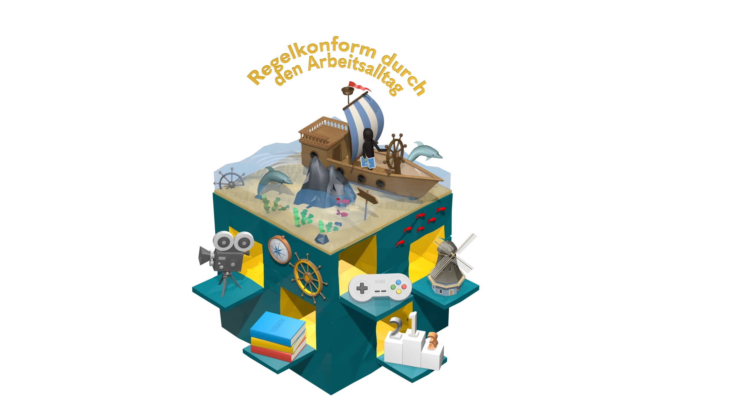 Würfelbild: Regelkonform durch den Arbeitsalltag – Steuerrad, Wegweiser.