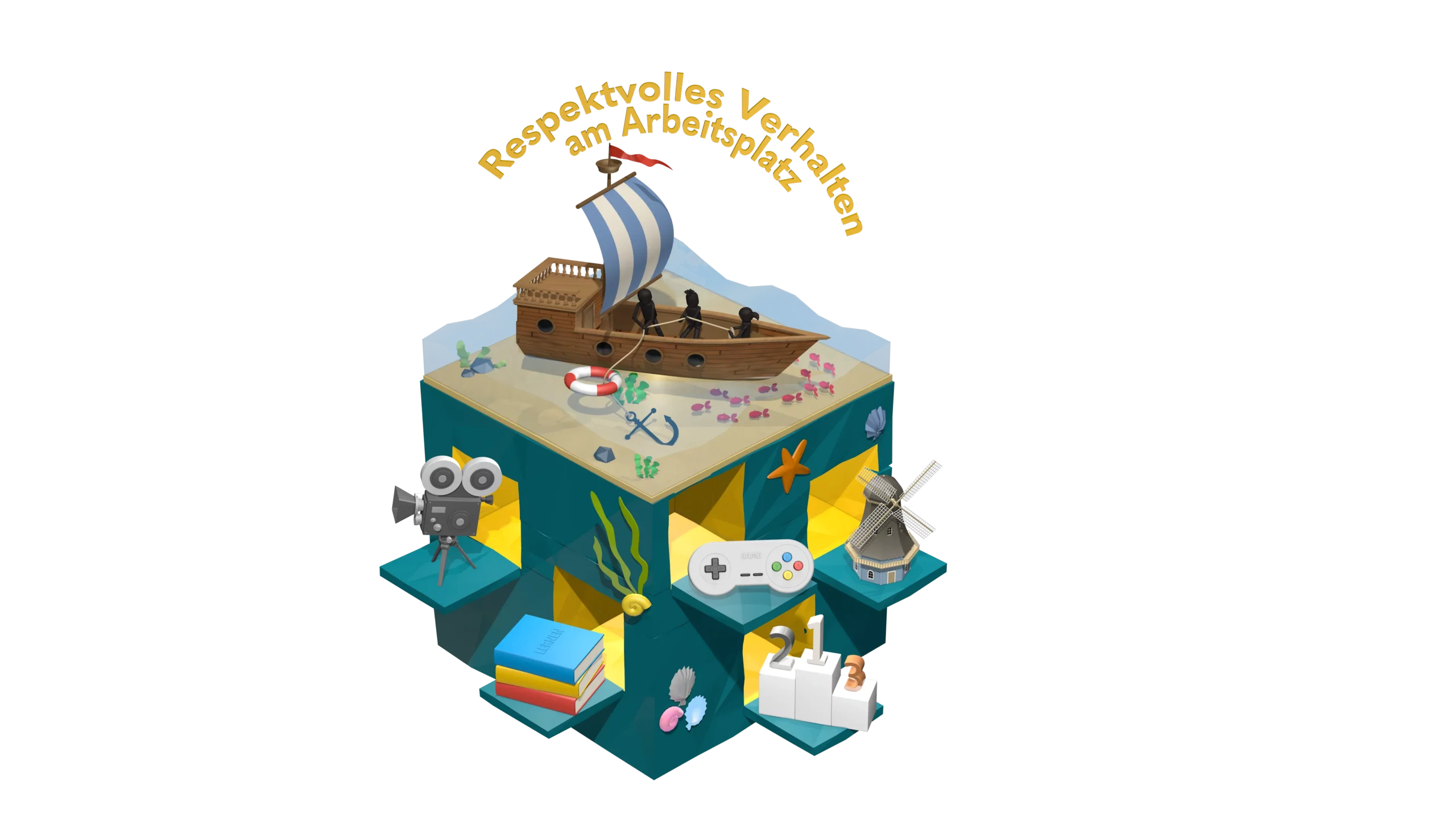 Würfelbild: Respektvolles Verhalten – Crew, Anker, Rettungsring.