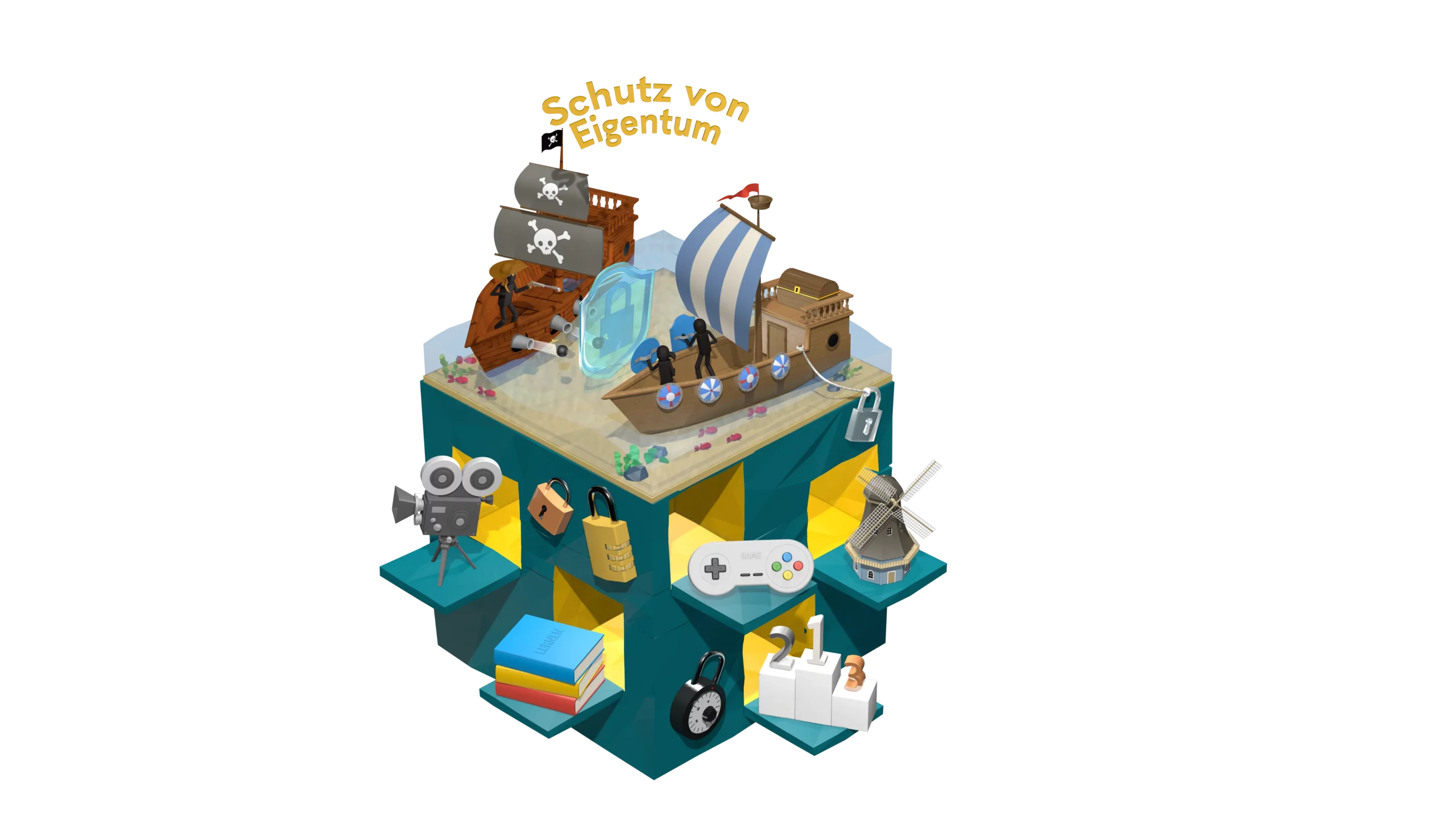 Würfelbild: Schutz von Eigentum – Schutzschild zwischen Piraten- und Teamschiff.